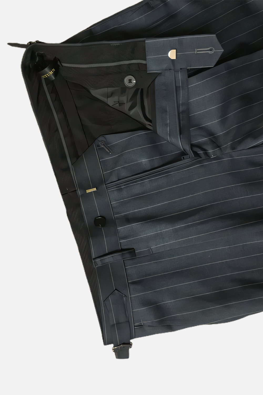 Calça em modelagem italiana, cintura alta, com ajustadores laterais e passantes - Brit Preto Lunar risca de giz