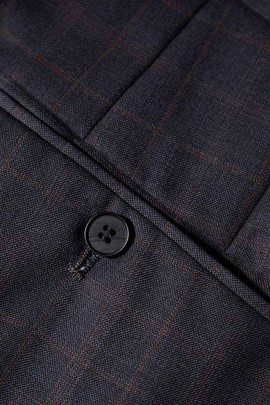 Calça em modelagem italiana, em lã tropical com cintura alta e ajustadores laterais - Glen Plaid, com overcheck laranja