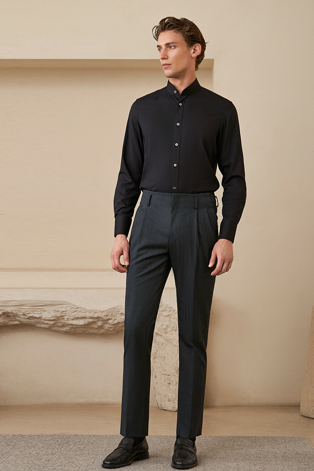 Lanifício Vitale Barberis Canonico - Calça cós de Hollywood, em lã merino 110'S, 18.25 µ, cintura alta, com ajustadores laterais - Cinza
