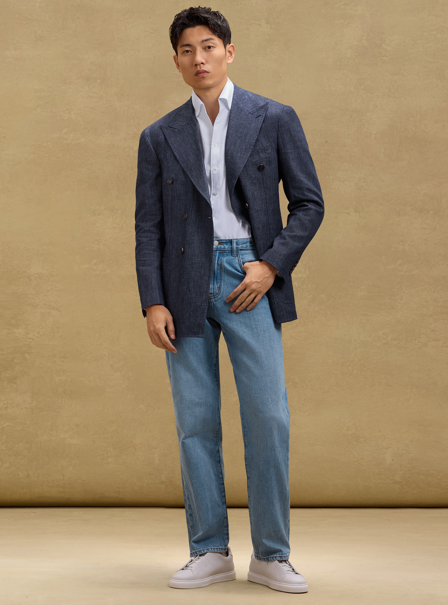 MT GERALD - Blazer double breasted 6x2, desestruturado, jeans de cânhamo com algodão, com lapela notched - Azul Jeans SKR