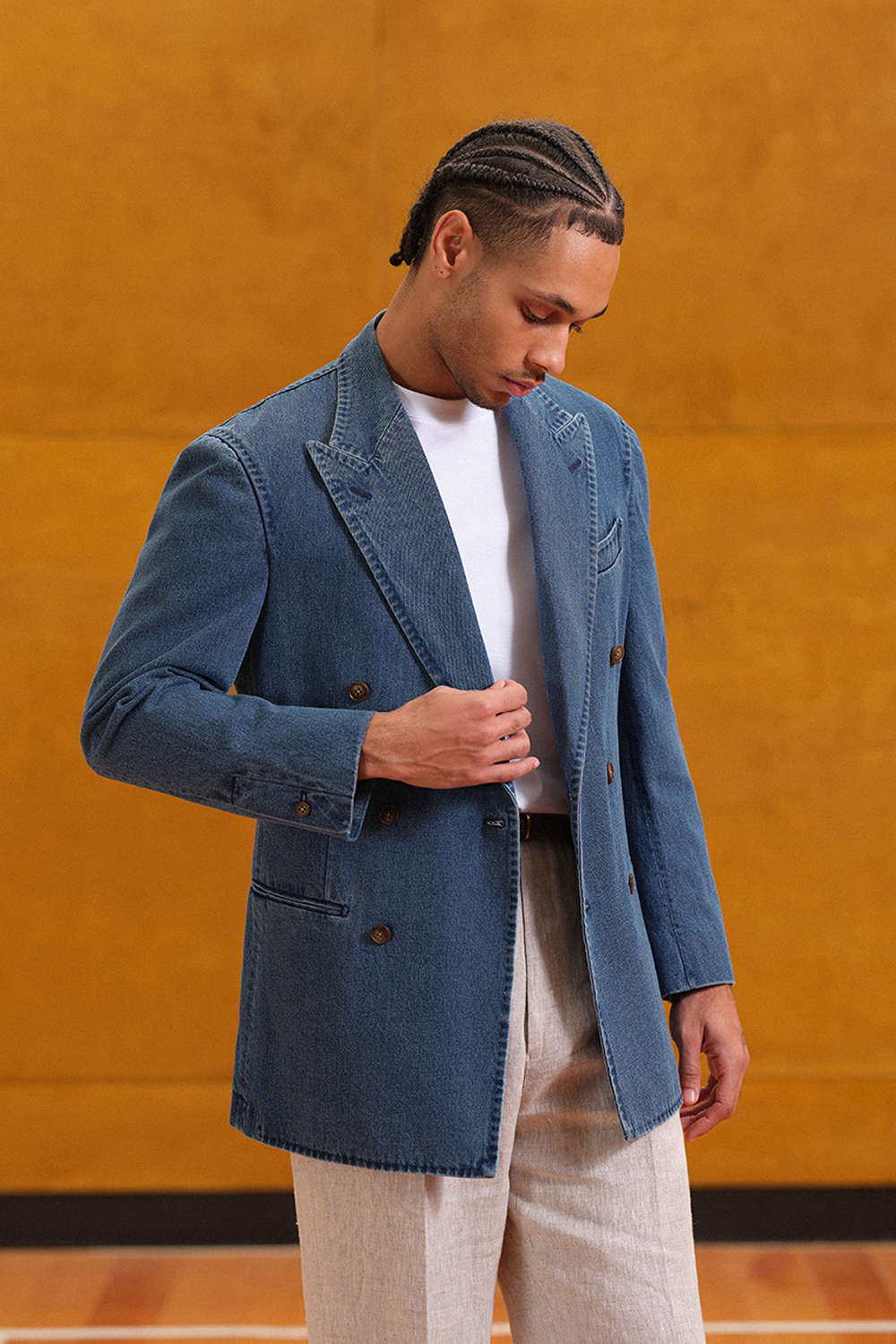 Blazer double breasted 6x2, desestruturado com lapela peak, 100% algodão - JEANS ACT