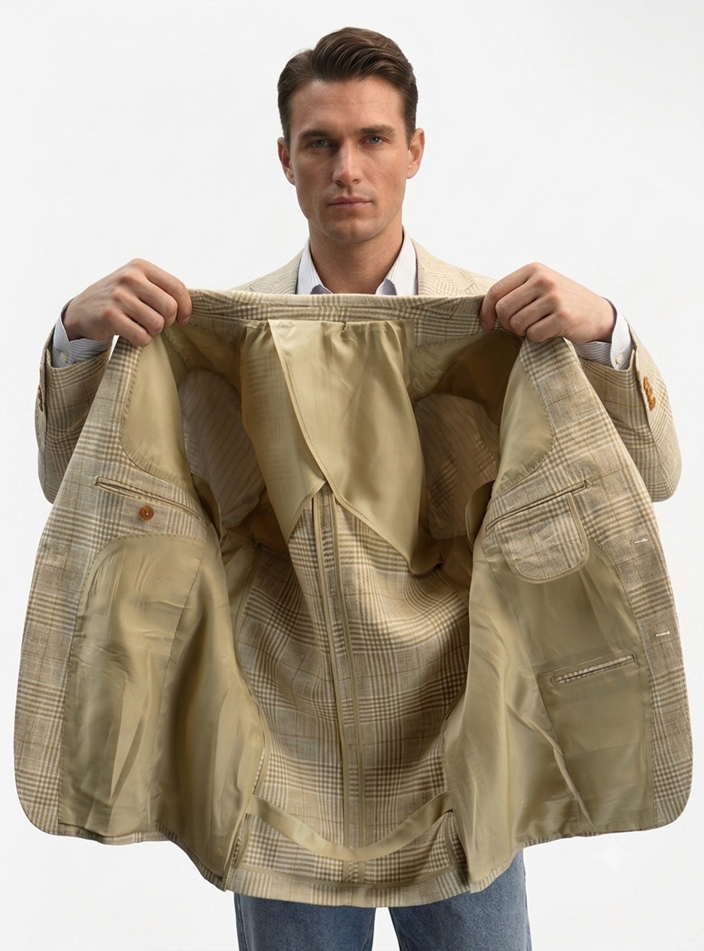 Blazer desestruturado single breasted, 100% linho 195g/m², lapela notched large - Príncipe de Gales Khaki PPR