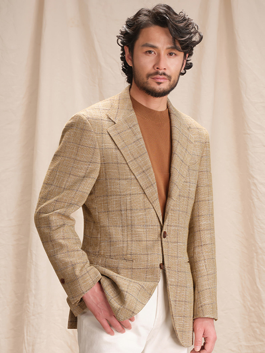 Blazer single breasted, desestruturado com lapela notched, lã mista - Khaki Windowpane - CULTUM