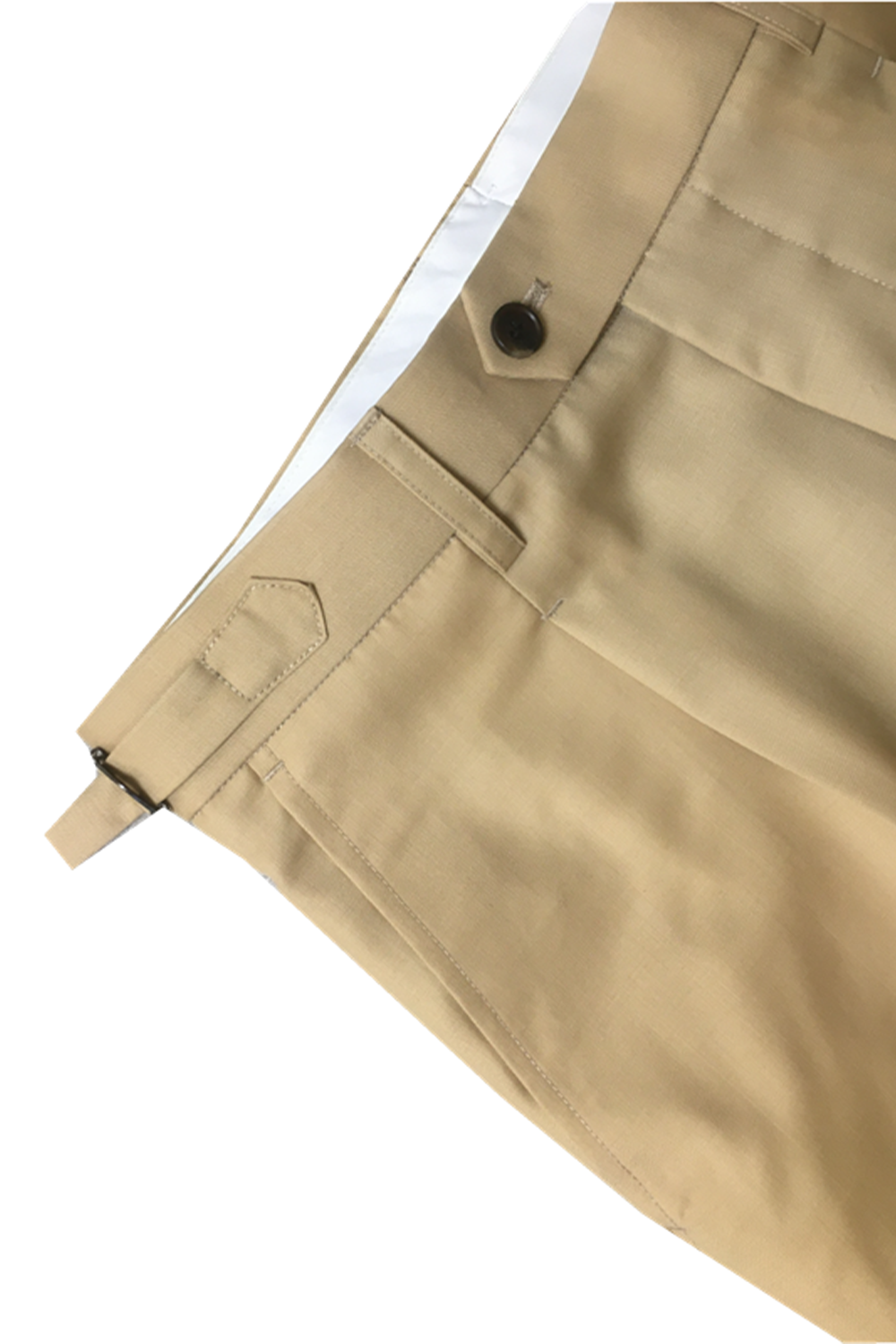 Calça em modelagem italiana em lã tropical, cintura alta, com ajustadores laterais e passantes - Khaki
