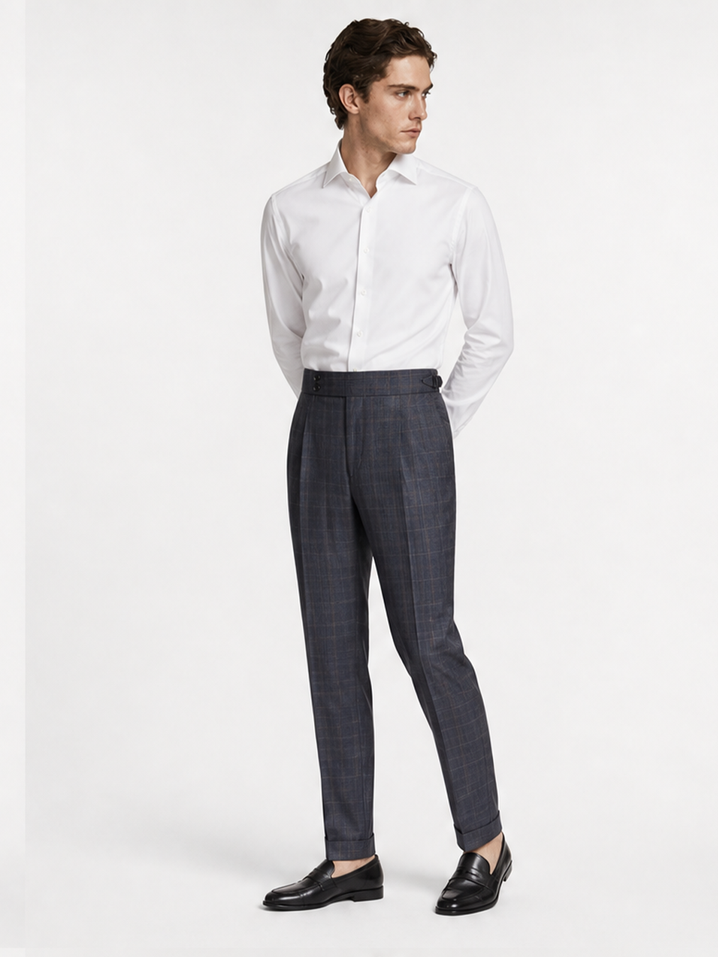 Calça em modelagem italiana, em lã tropical com cintura alta e ajustadores laterais - Glen Plaid, com overcheck laranja