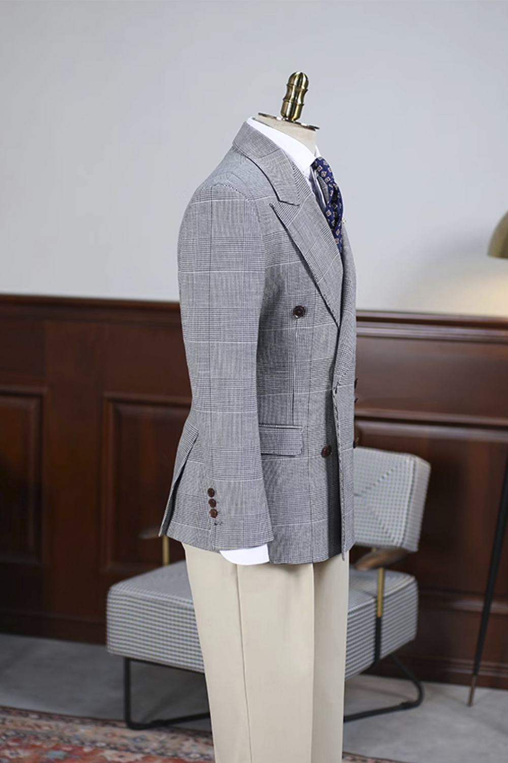Blazer, double breasted 6x4 com lapela peak large - Cinza Principe de Galês HNR