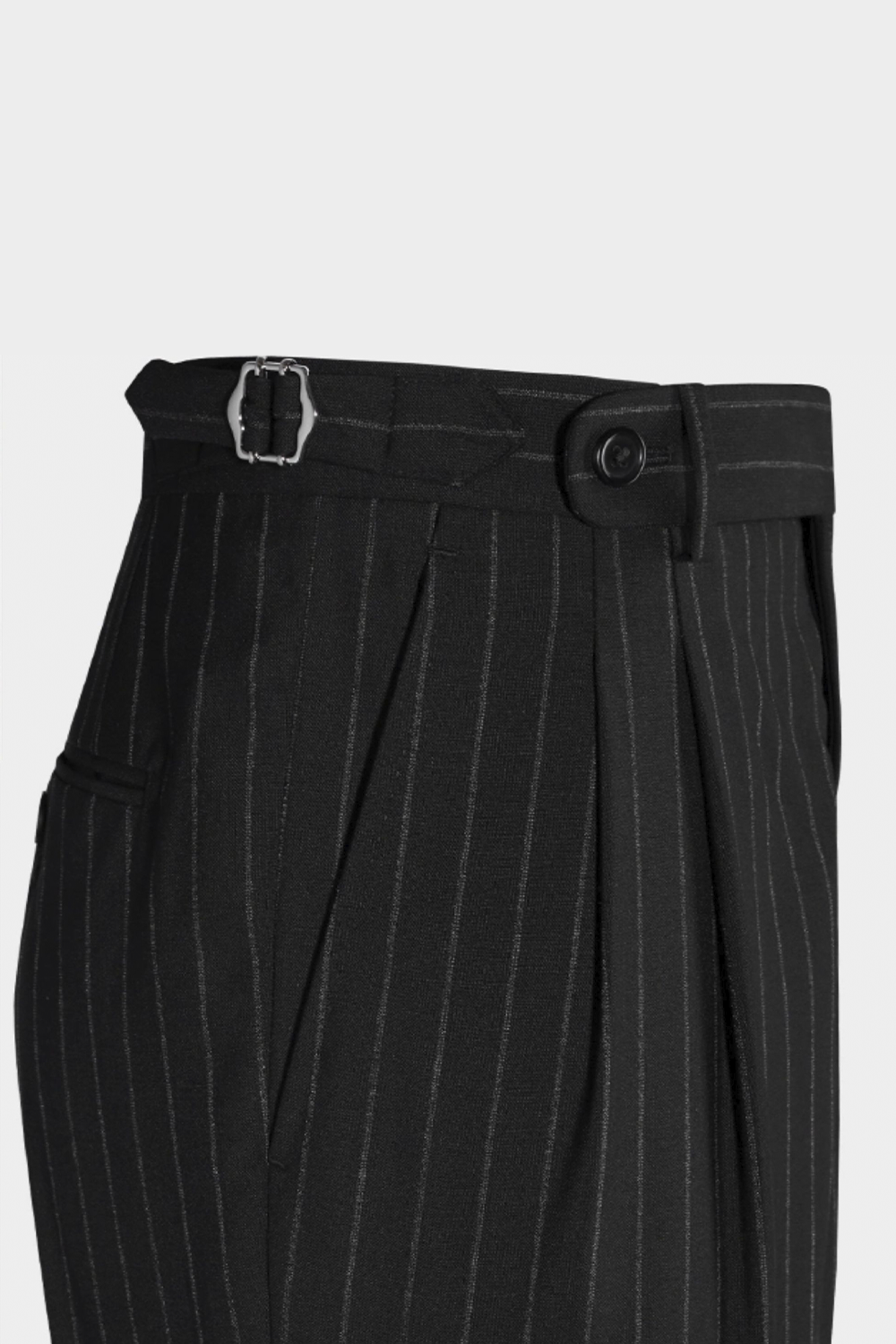 Lanifício Vitale Barberis Canonico - Calça em modelagem italiana, em lã merino 130'S, 17.25 µ, cintura alta, com ajustadores laterais - Preta risca de giz