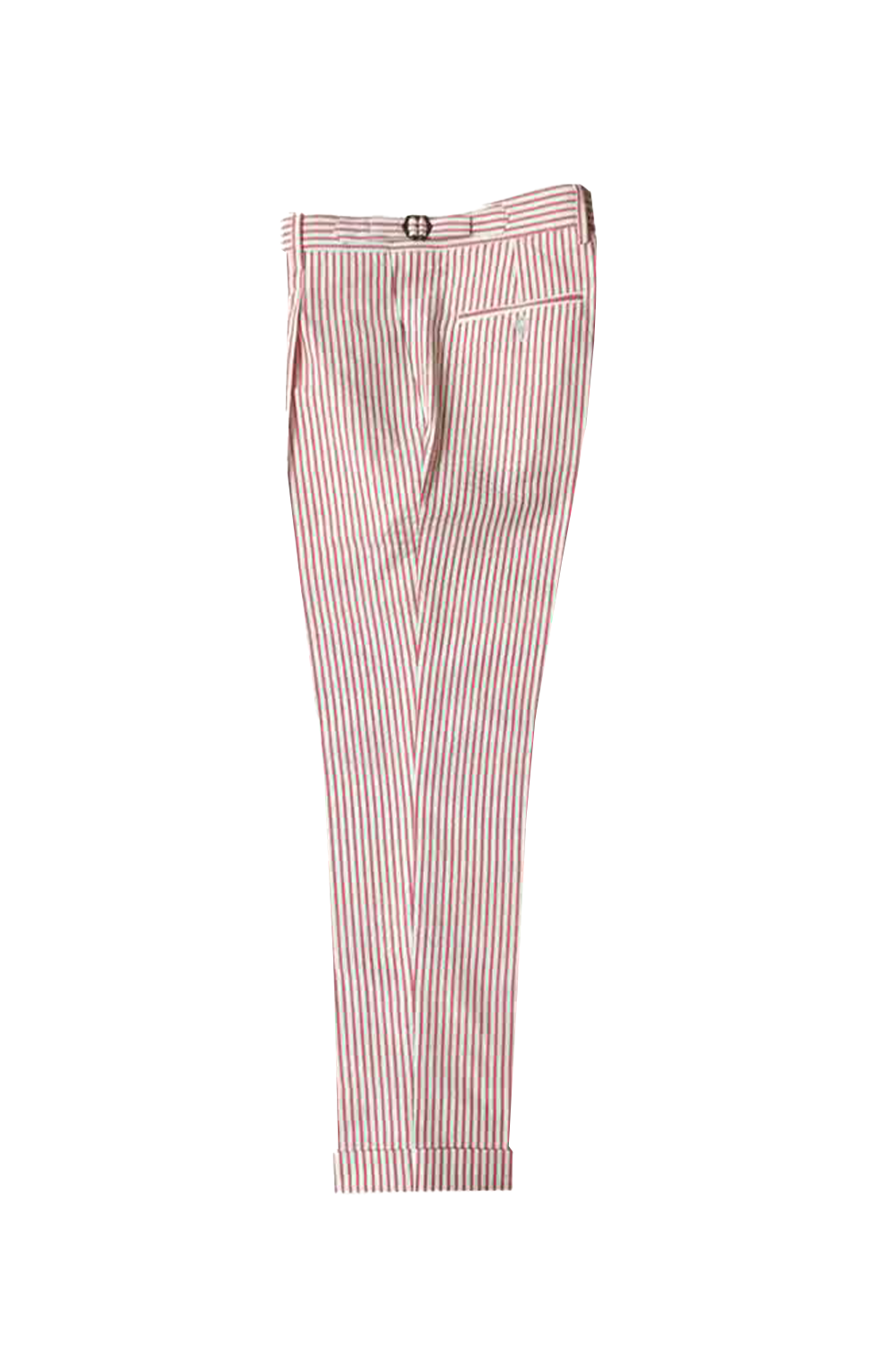 Calça em algodão seersuker, cintura alta, com ajustadores laterais e passantes - Brit Rosa e branco