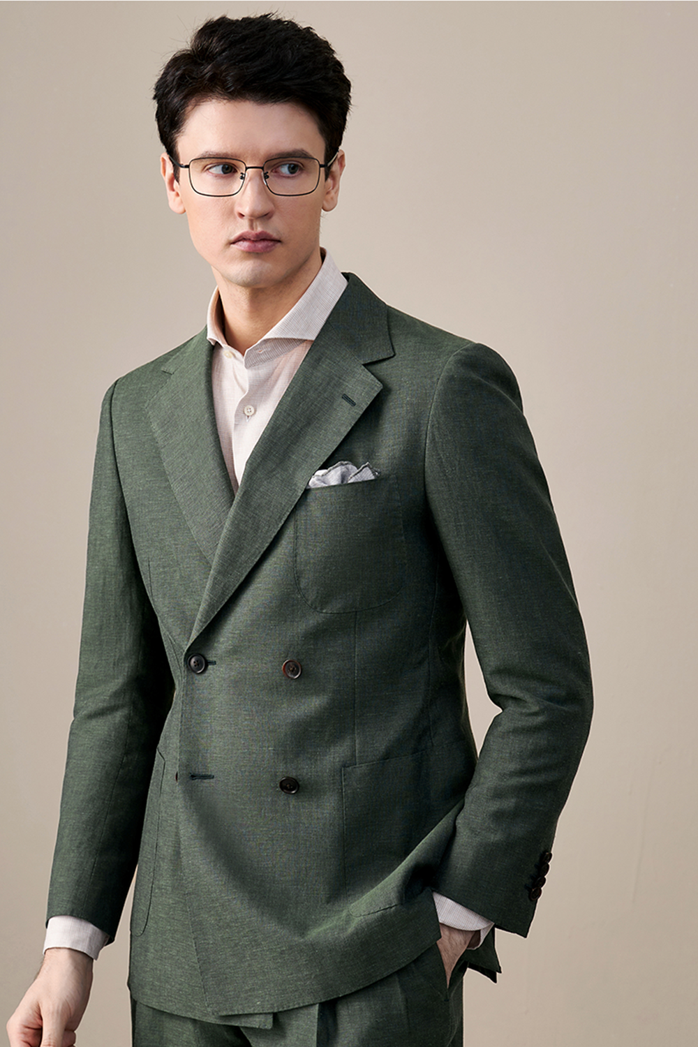 Lanifício Vitale Barberis Canonico - Costume double breasted 4x1, half canvas em lã e linho, com lapela notched - Verde