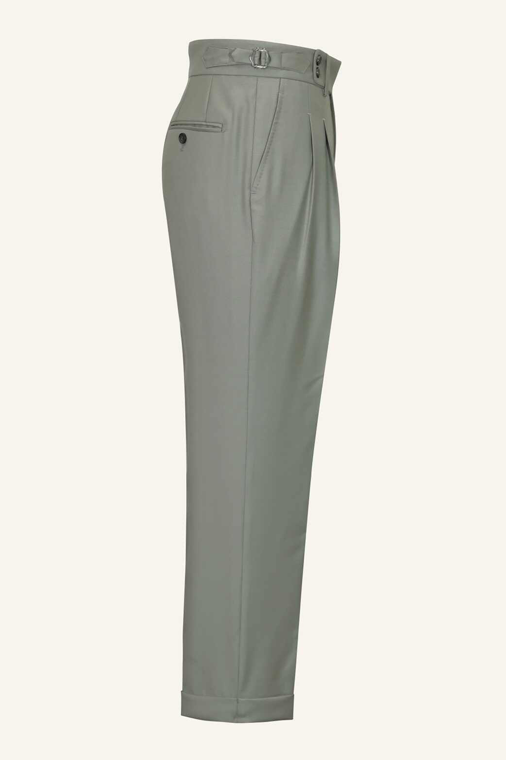 Lanifício T.Ingeniator - Calça em lã merino super 120's, 17.75µ, com ajuste lateral - Cinza esverdeado