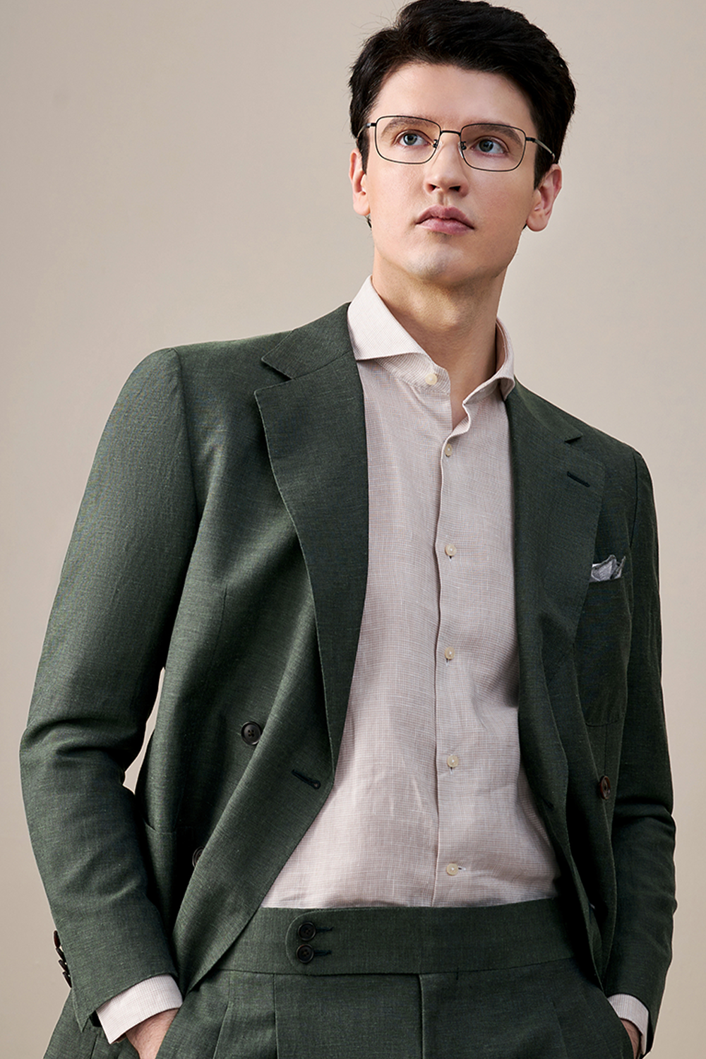 Lanifício Vitale Barberis Canonico - Costume double breasted 4x1, half canvas em lã e linho, com lapela notched - Verde