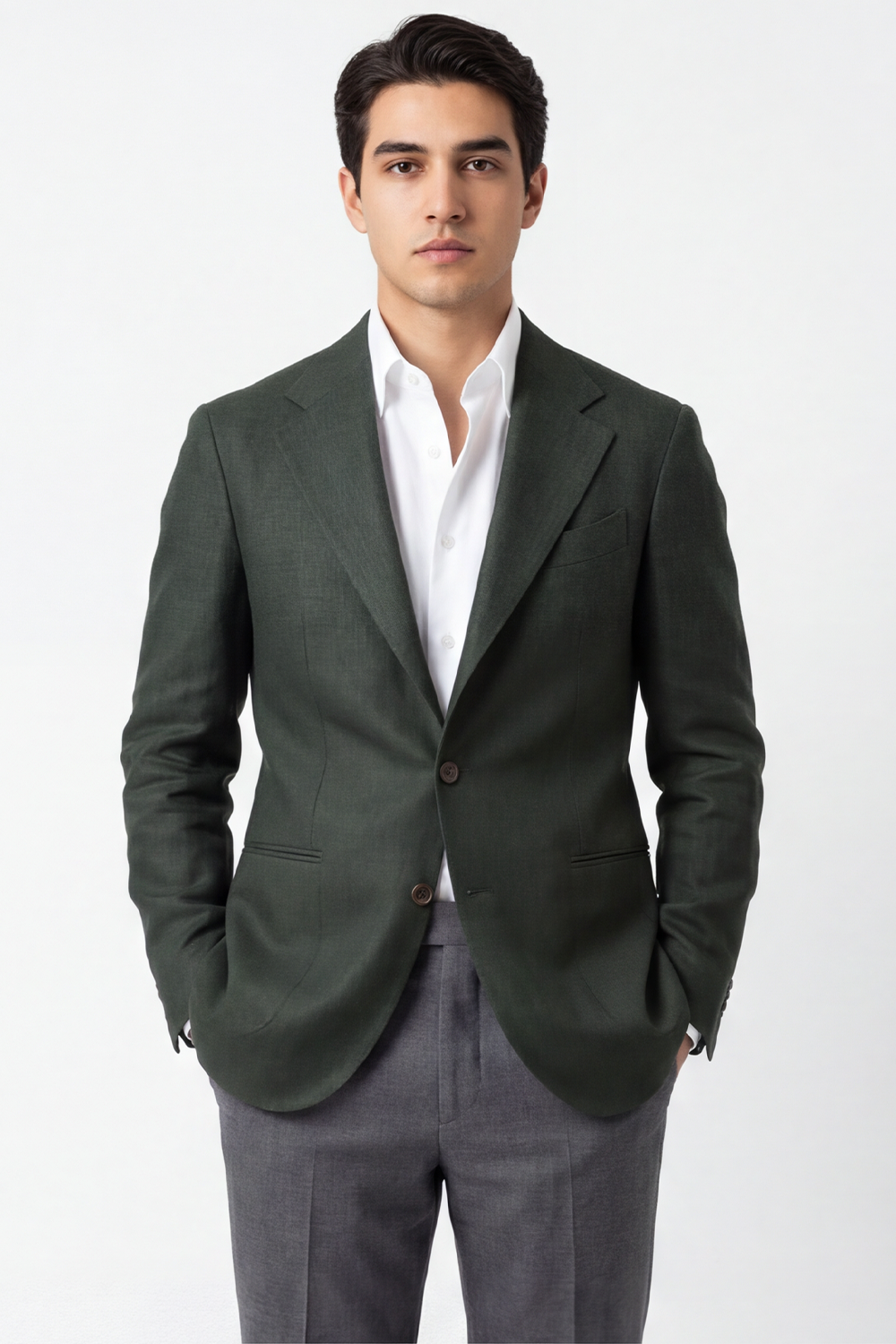 Blazer desestruturado single breasted em linho puro, com lapela notched e bolsos besom - Verde ACT