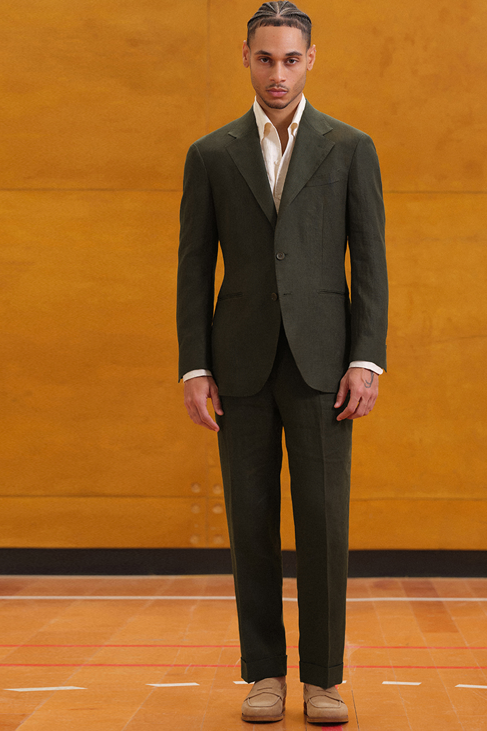 Costume single breasted com lapela notched, em linho hopsack - Verde Act