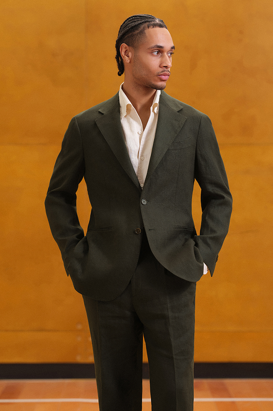 Costume single breasted com lapela notched, em linho hopsack - Verde Act