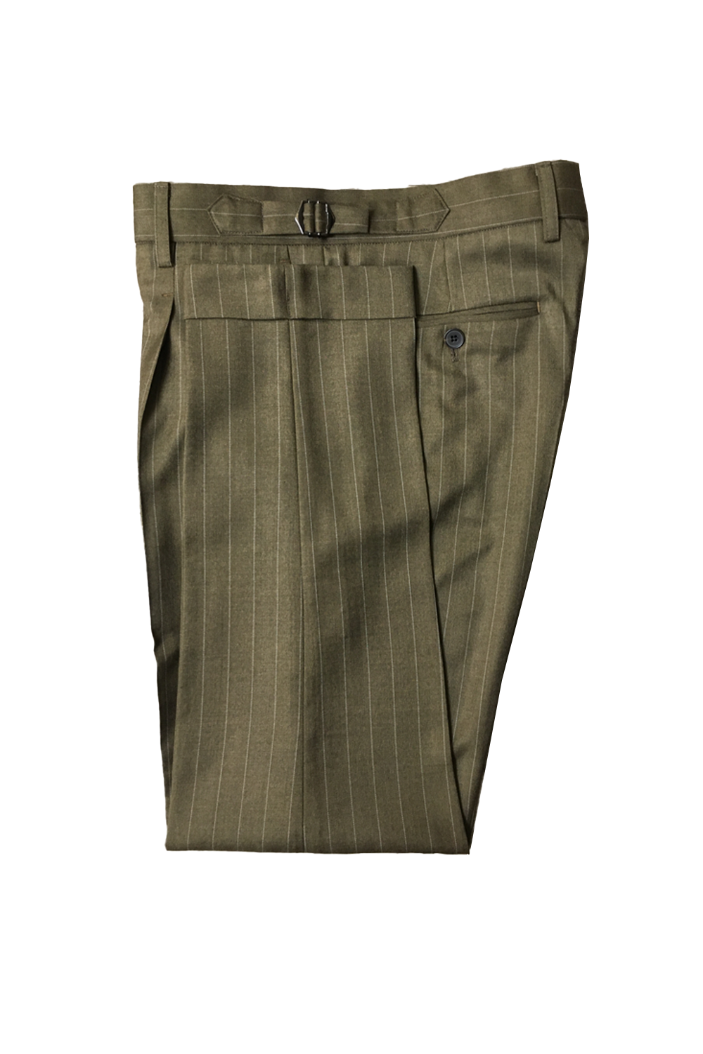 Calça em modelagem italiana, cintura alta, com ajustadores laterais e passantes - Brit Verde Musgo com risca de giz