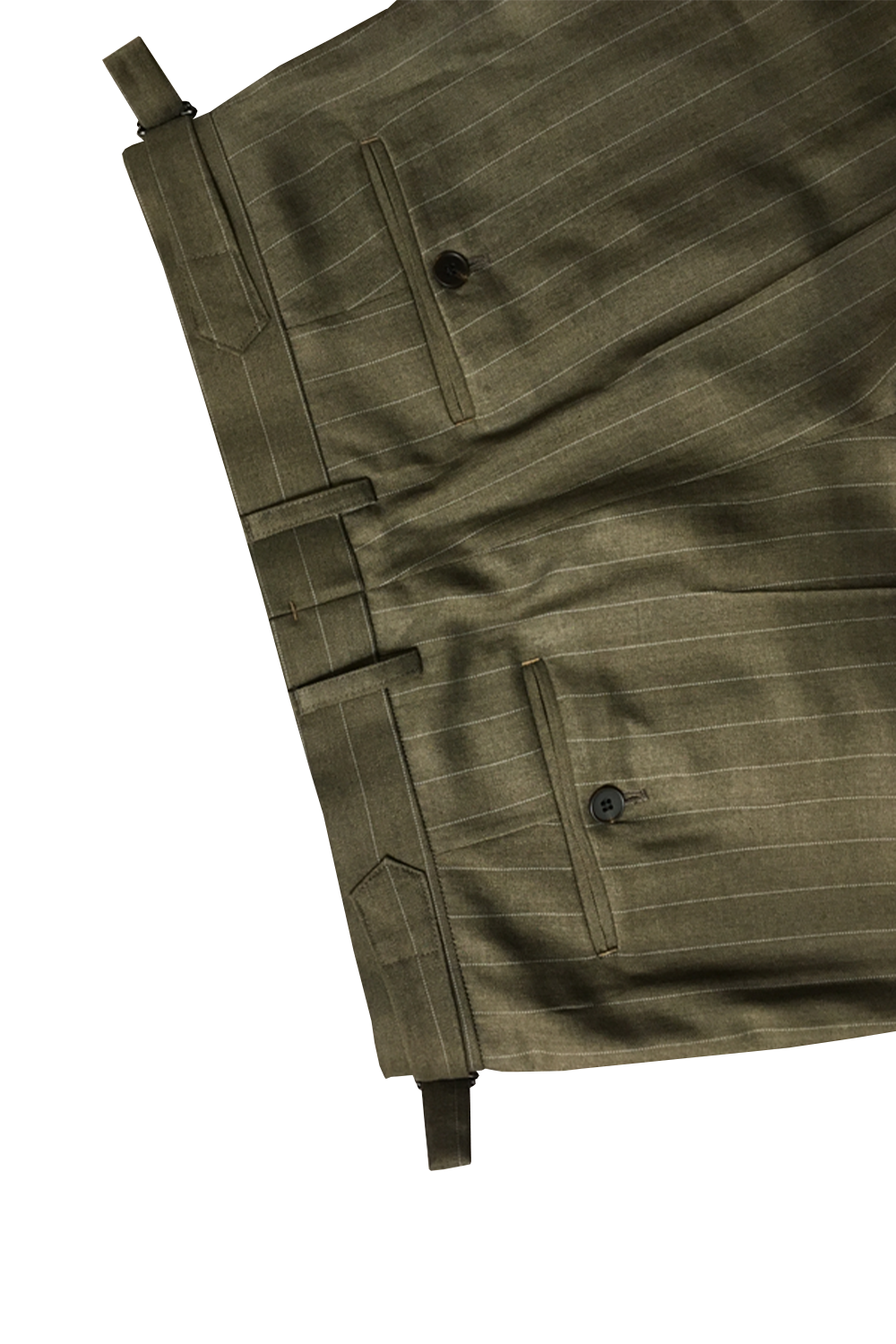 Calça em modelagem italiana, cintura alta, com ajustadores laterais e passantes - Brit Verde Musgo com risca de giz