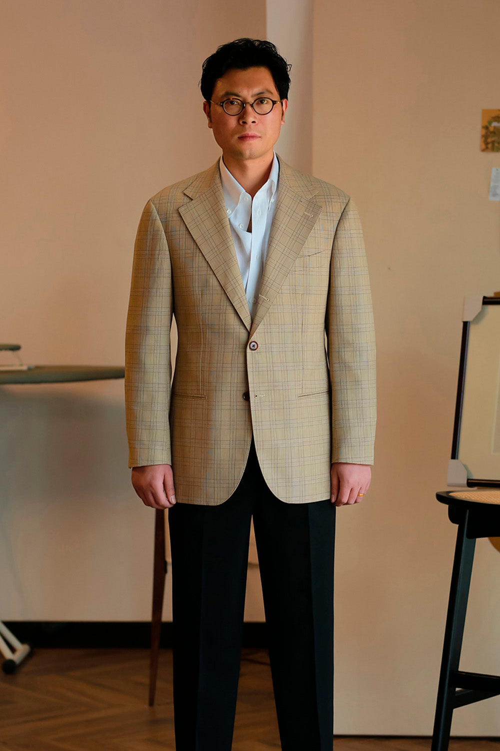 ATELIÊ MK MAN - Blazer half canvas, single breasted 3-roll-2, spalla camicia, em lã super 120's, 17.75µ I 290 g - Príncipe de Gales Khaki aberto