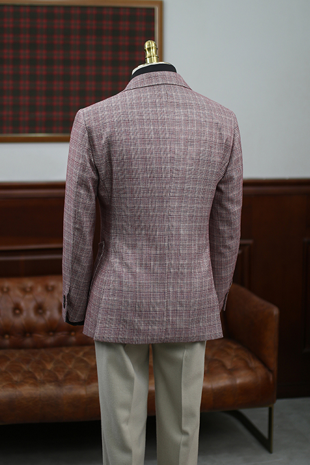 Blazer em poliviscose, single breasted com lapela notched large - Padronagem Glen Plaid Vinho HNR