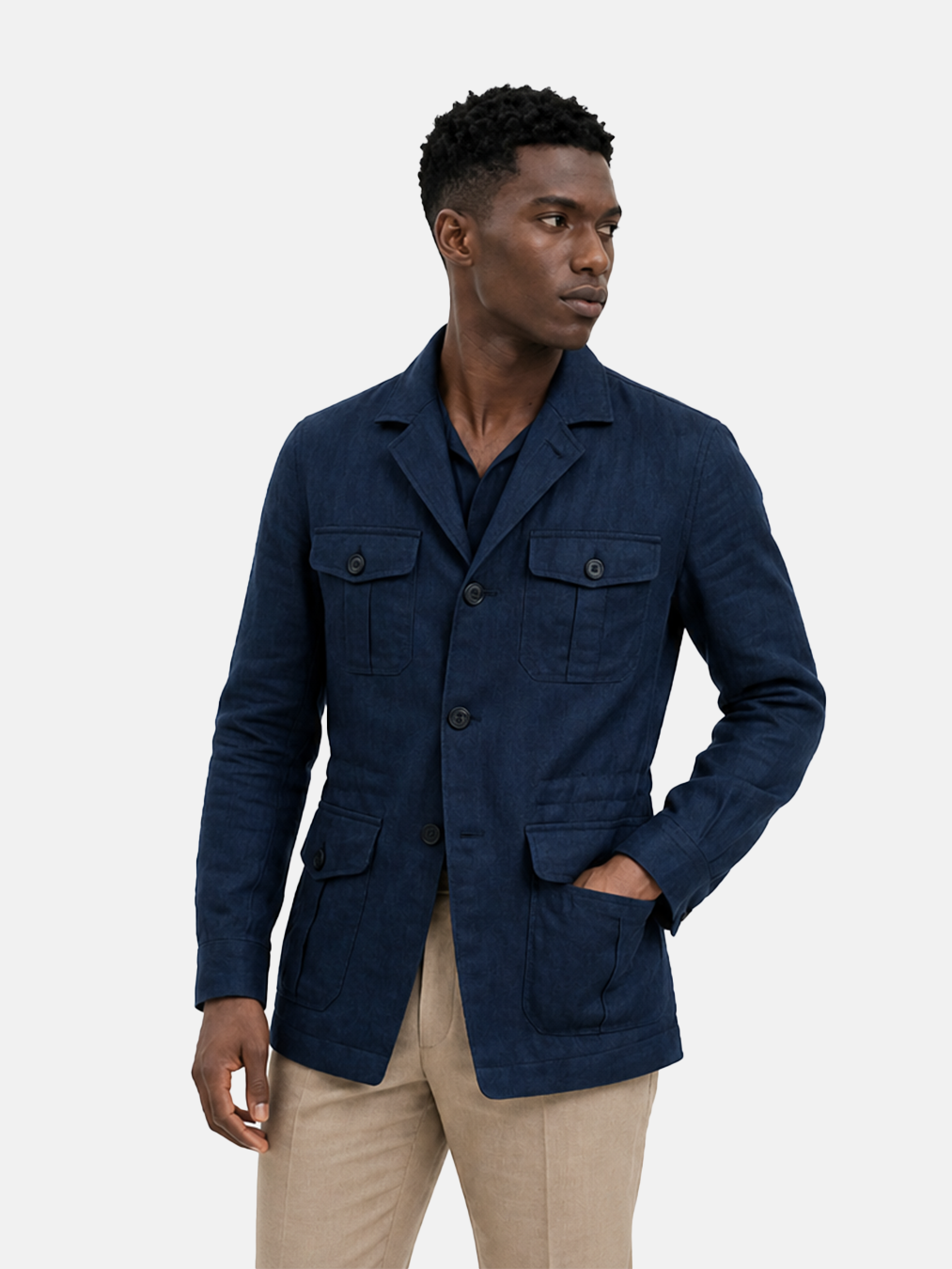 Safari Jacket desestruturado, com ajuste interno 100% linho - Azul marinho LINEN
