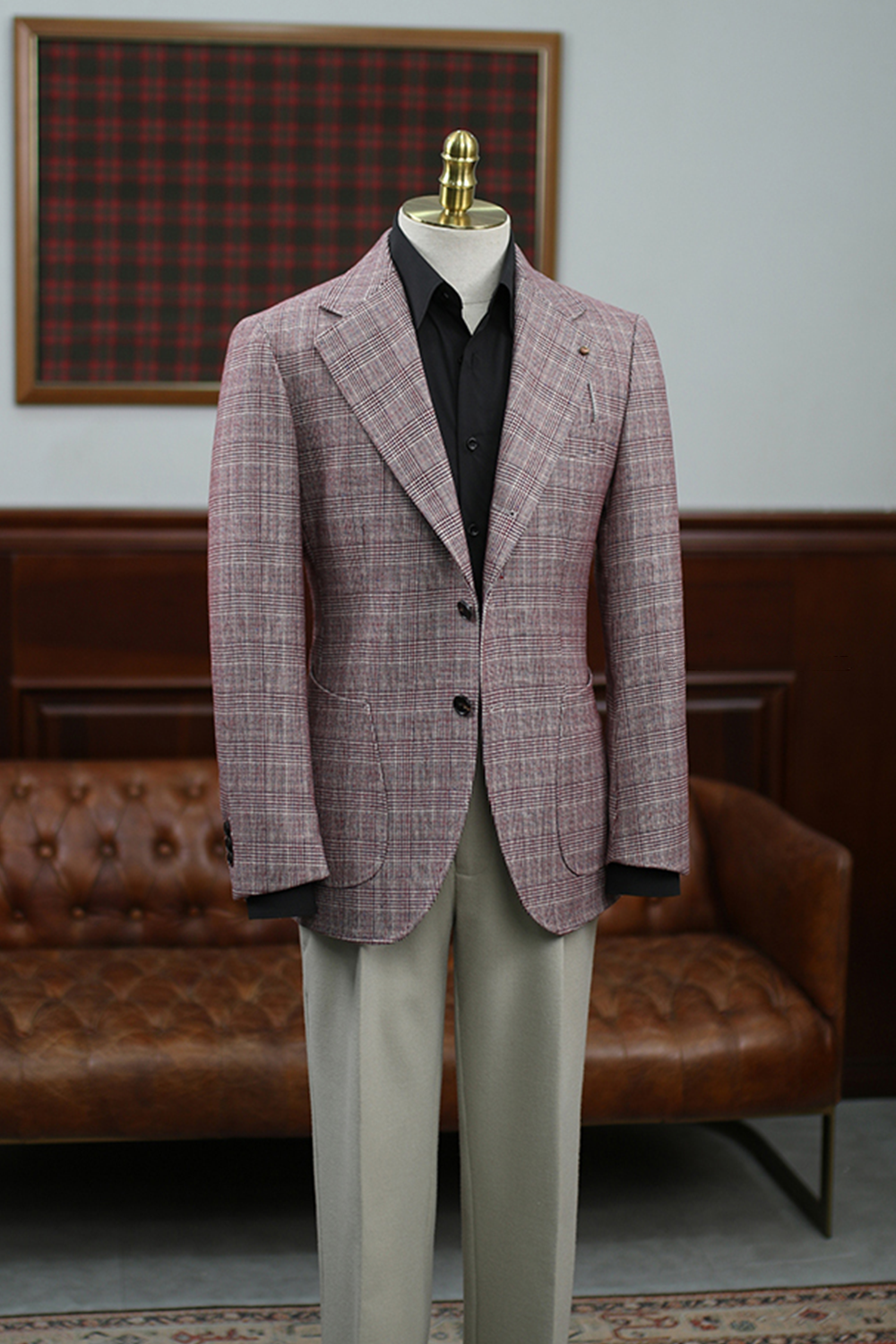 Blazer em poliviscose, single breasted com lapela notched large - Padronagem Glen Plaid Vinho HNR