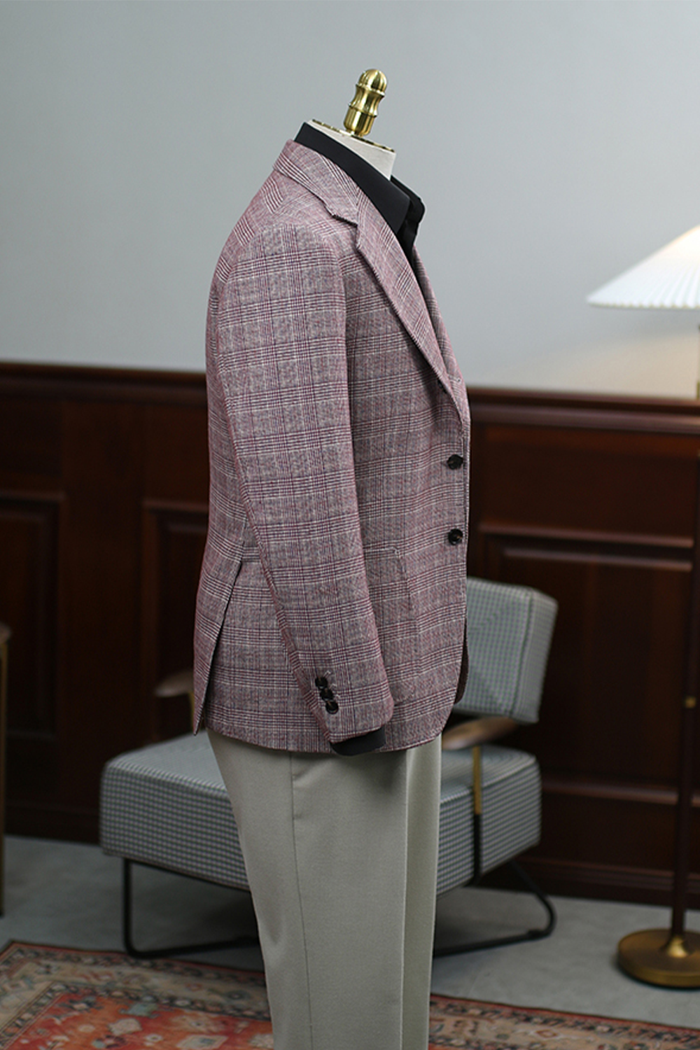 Blazer em poliviscose, single breasted com lapela notched large - Padronagem Glen Plaid Vinho HNR