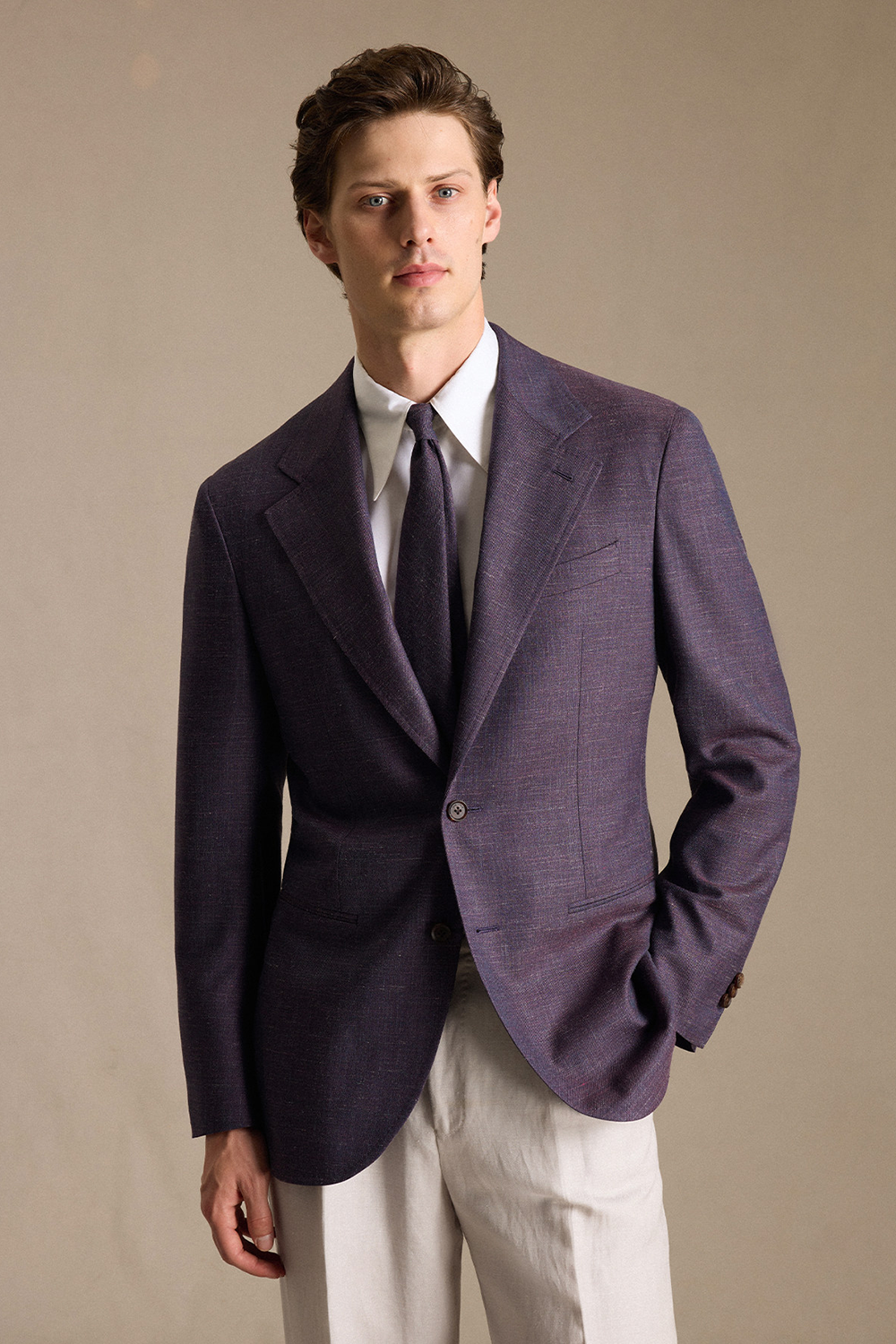 SILKORA TEXTILE - Blazer half canvas, single breasted, half-lined com lapela notched, lã, seda de tussah e linho - Lilás CULTUM