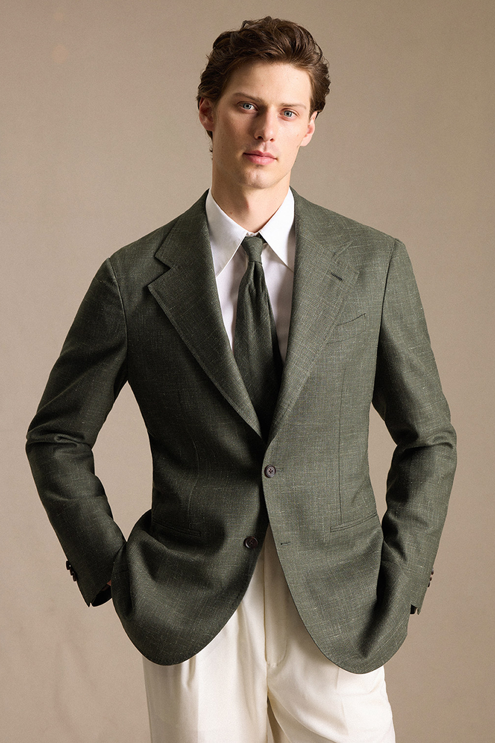 SILKORA TEXTILE - Blazer half canvas, single breasted, half-lined com lapela notched, lã, seda de tussah e linho - Verde CULTUM