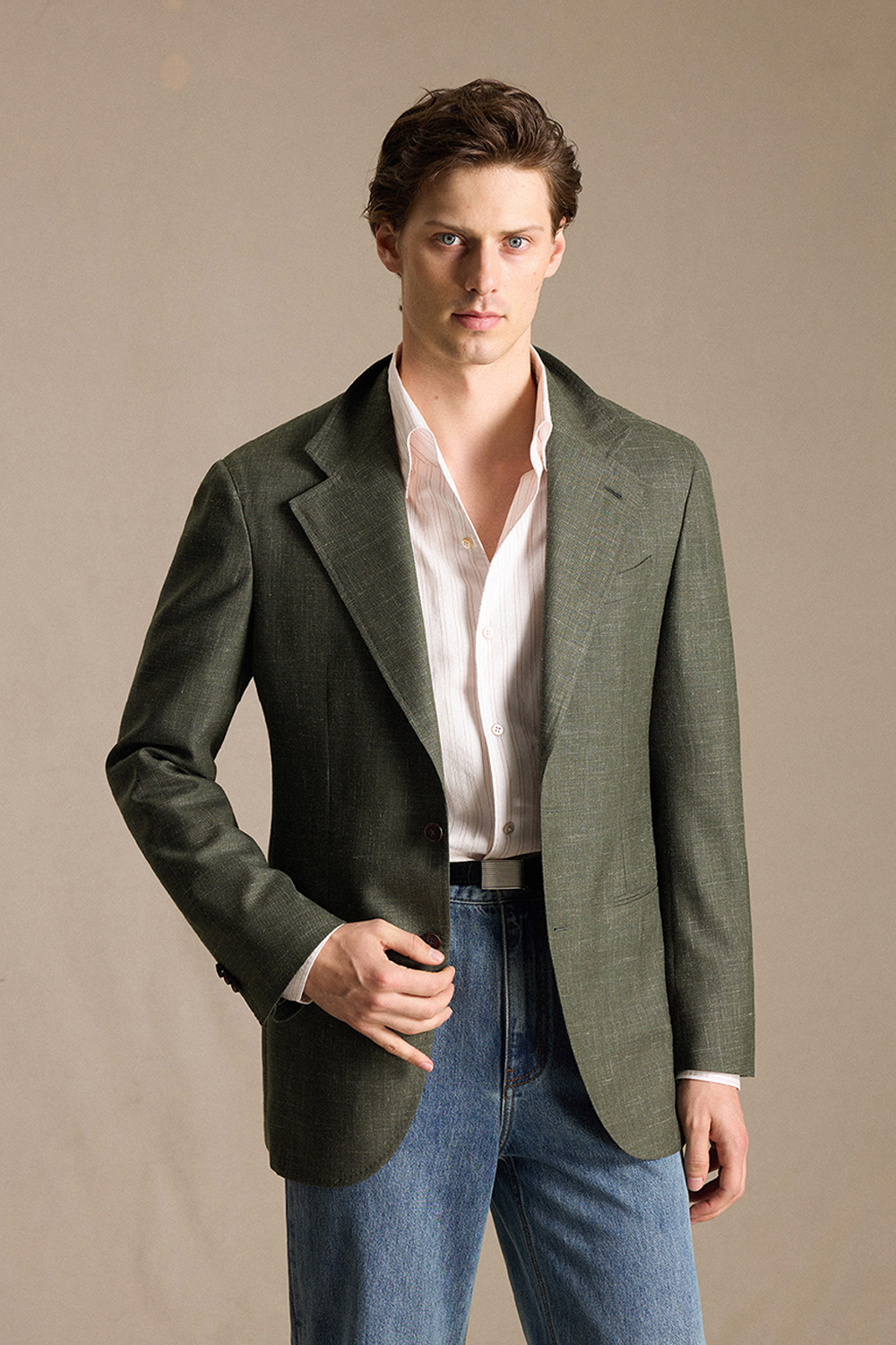 SILKORA TEXTILE - Blazer half canvas, single breasted, half-lined com lapela notched, lã, seda de tussah e linho - Verde CULTUM