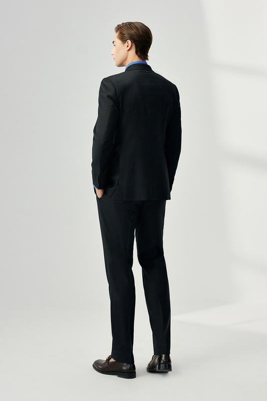 Costume double breasted, half canvas, lapela peak, lã merino super 110 18.25 µ - Liveable Preto