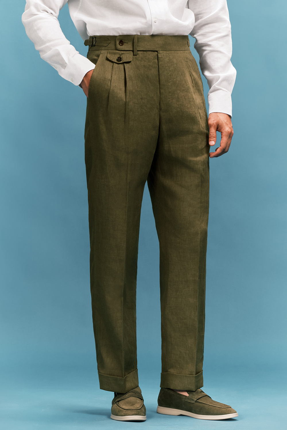Lanifício MT Gerald- Costume single breasted, half canvas, 100% linho , lapela notched - Verde Alga - SKR