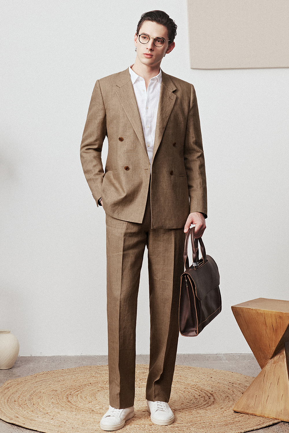 Costume double breasted 4x1, half canvas, lapela notched, 100% linho - Khaki