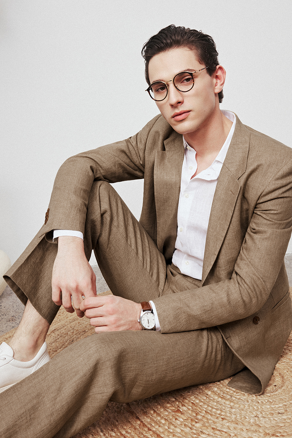 Costume double breasted 4x1, half canvas, lapela notched, 100% linho - Khaki