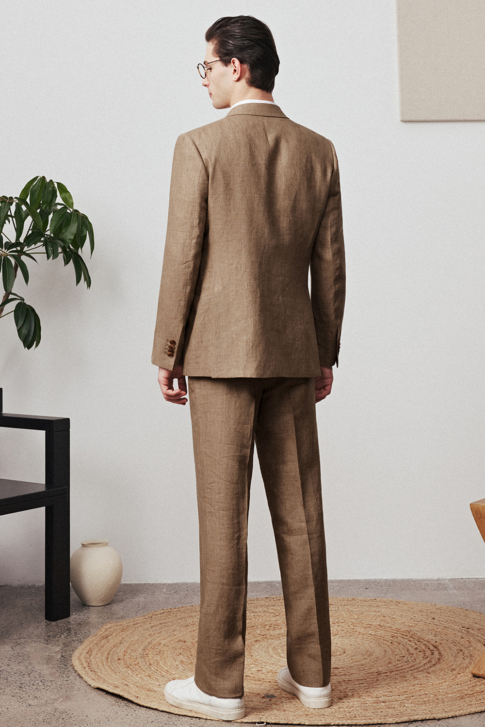 Costume double breasted 4x1, half canvas, lapela notched, 100% linho - Khaki