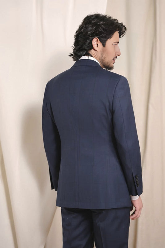 Costume double breasted, 6x2, com lapela peaked large, em lã tropical - Azul Principe de Gales ACT