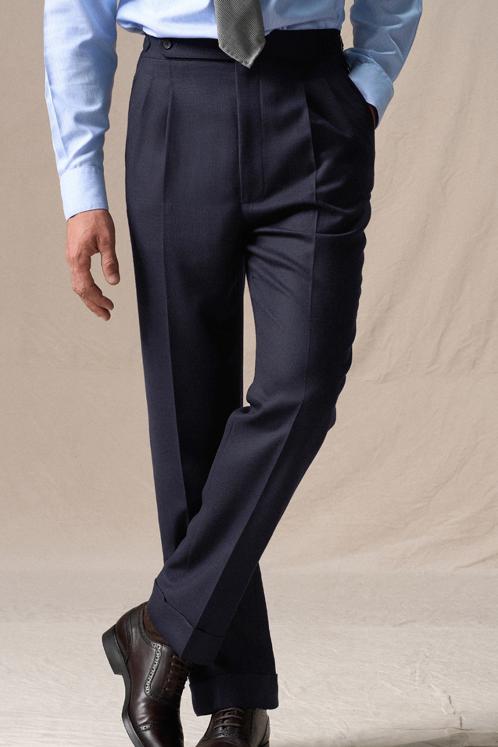 Calça de cintura alta, com pregas duplas, em lã 100's mista - Azul marinho ACT