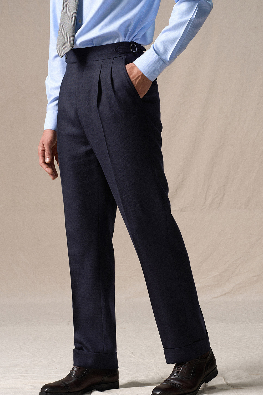 Calça de cintura alta, com pregas duplas, em lã 100's mista - Azul marinho ACT