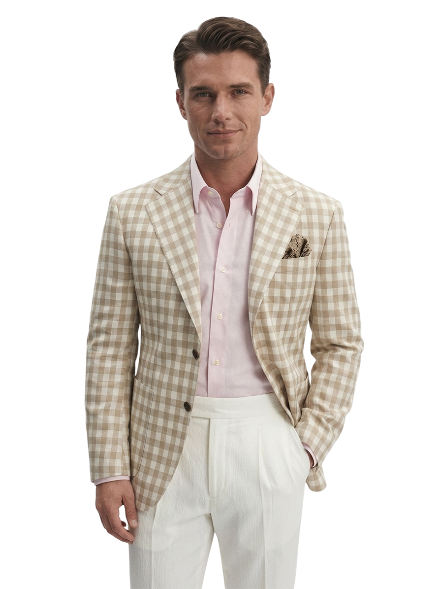 Blazer desestruturado single breasted, Lyocell com linho 210g/m², lapela notched - Bege Gingham PPR