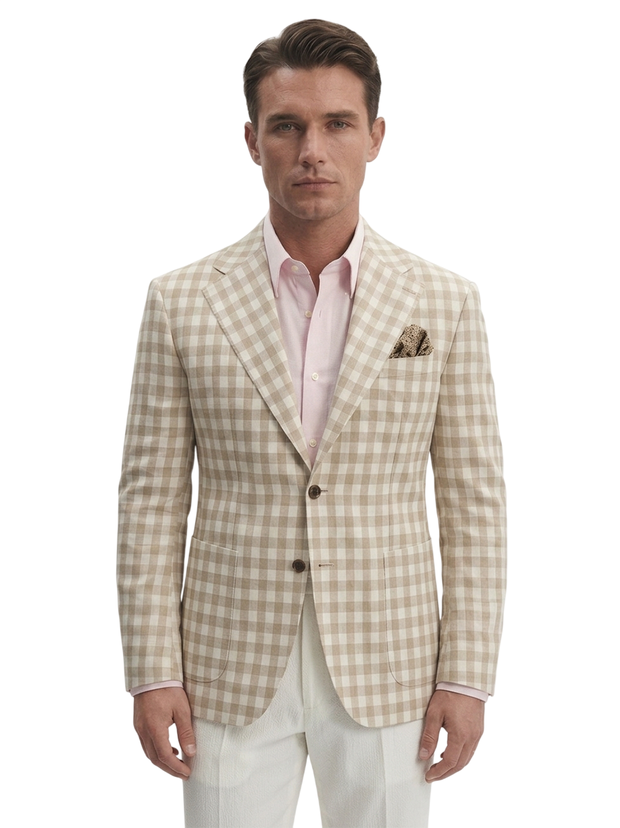 Blazer desestruturado single breasted, Lyocell com linho 210g/m², lapela notched - Bege Gingham PPR