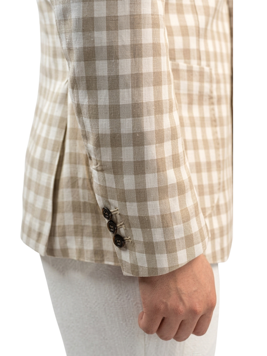 Blazer desestruturado single breasted, Lyocell com linho 210g/m², lapela notched - Bege Gingham PPR