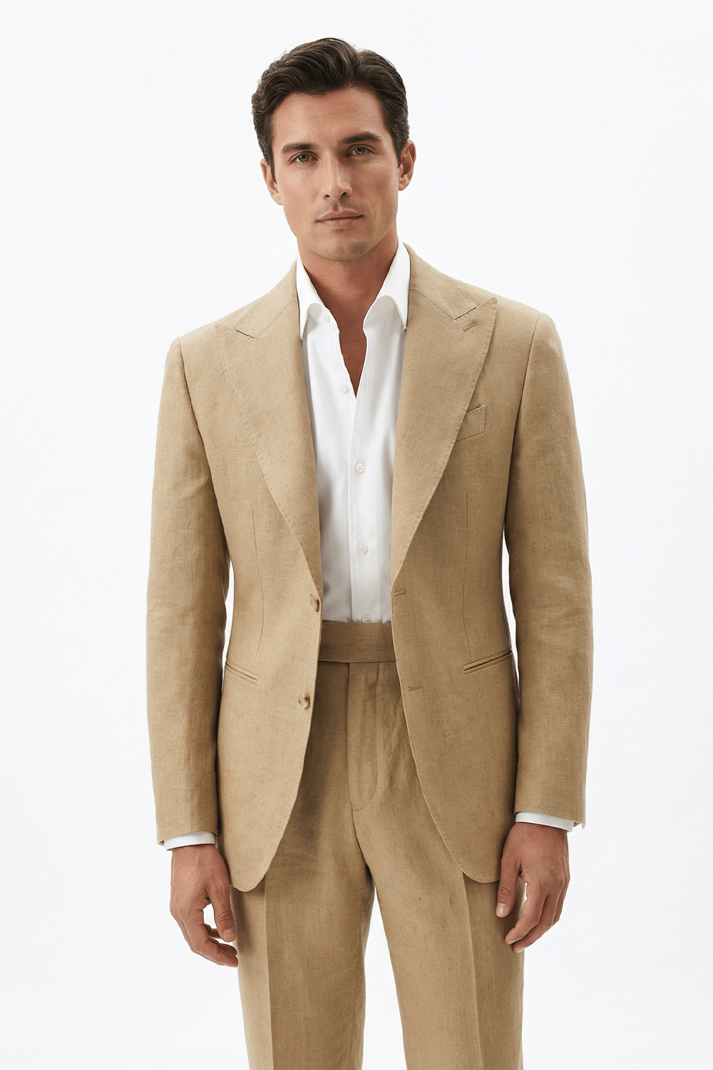 Blazer desestruturado single breasted, em viscolinho, lapela peak large - Khaki PPR