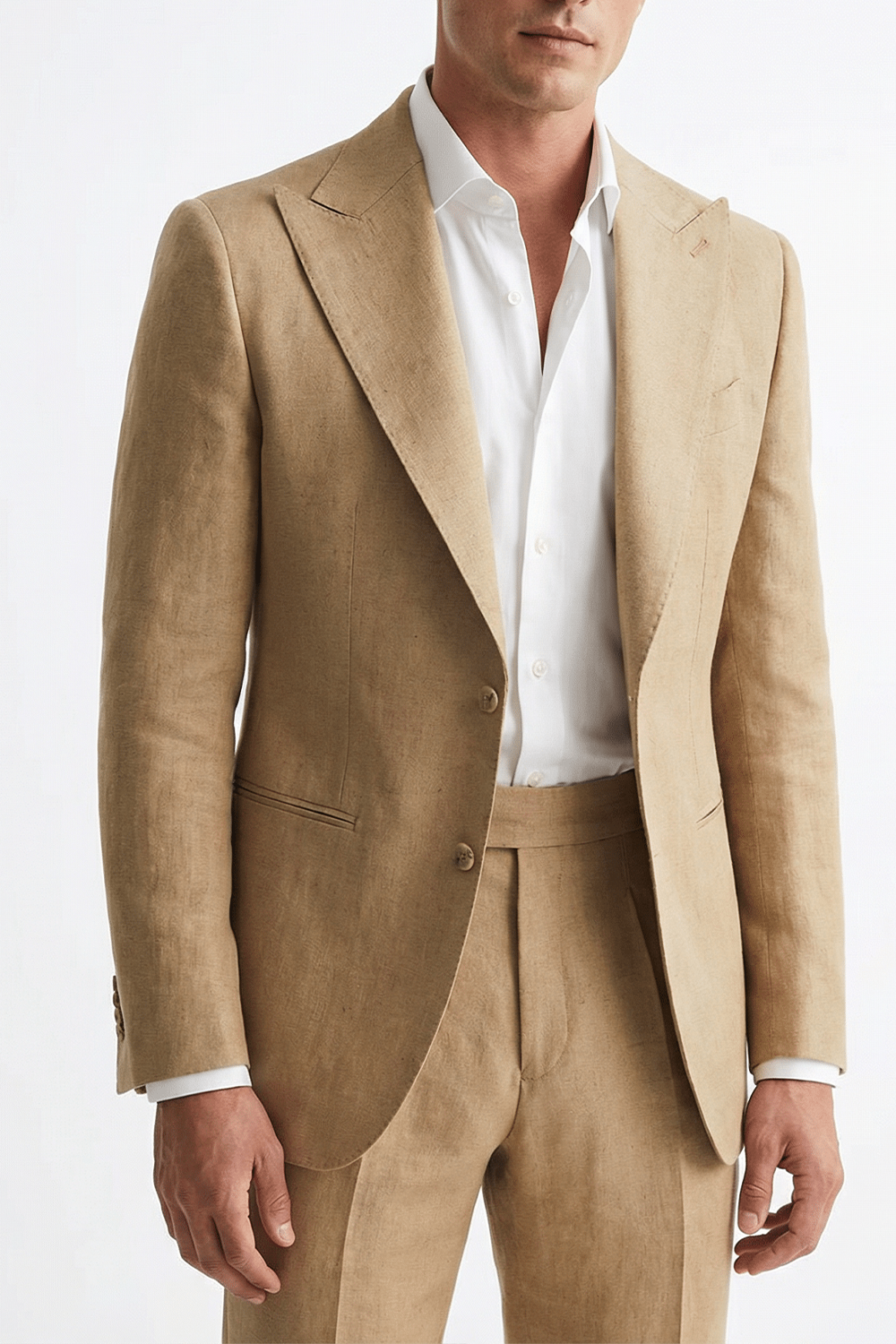 Blazer desestruturado single breasted, em viscolinho, lapela peak large - Khaki PPR