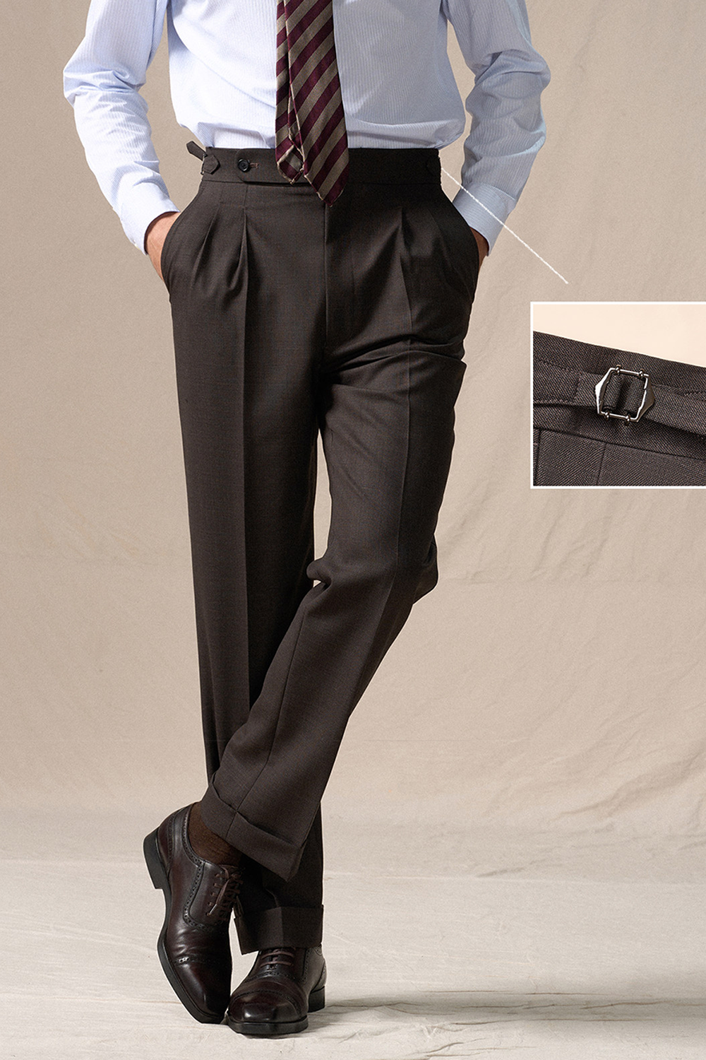 Calça de cintura alta, com pregas duplas, 100% lã merino, 110's 18.25 micron - Marrom ACT GENTLE ARMOR