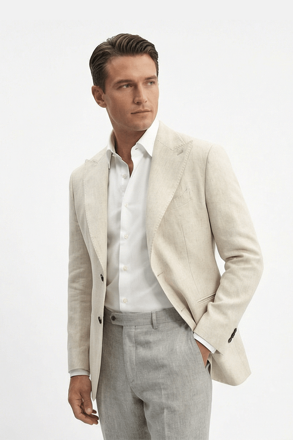 Blazer desestruturado single breasted, em viscolinho, lapela peak large - Trigo off white PPR