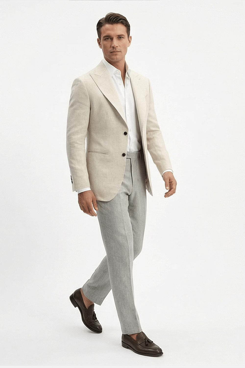 Blazer desestruturado single breasted, em viscolinho, lapela peak large - Trigo off white PPR