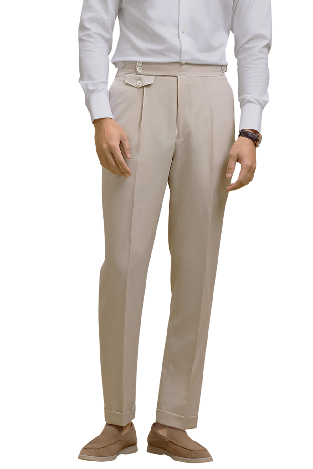 Lanifício MT GERALD - Calça cintura alta com ajustadores laterais e pregas, em lã merino super 110 18.25 µ -  Off-White Damasco