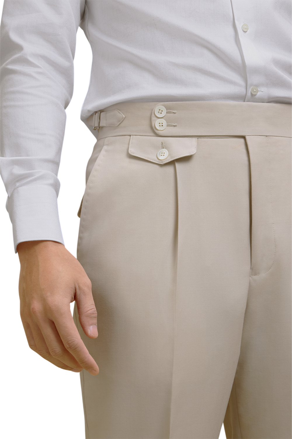 Lanifício MT GERALD - Calça cintura alta com ajustadores laterais e pregas, em lã merino super 110 18.25 µ -  Off-White Damasco