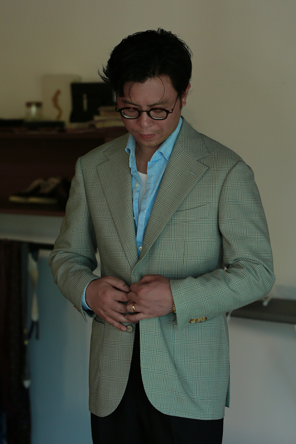 ATELIÊ MK MAN - Blazer half canvas, single breasted 3-roll-2, spalla camicia, em lã  super 120's, 17.75µ I 290 g - Príncipe de Gales Verde