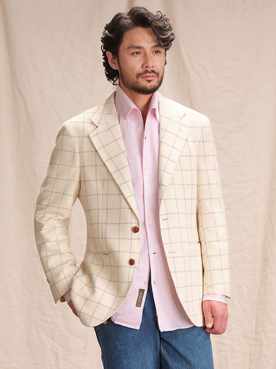 Blazer single breasted, desestruturado com lapela notched, lã mista - Off White Windowpane - CULTUM