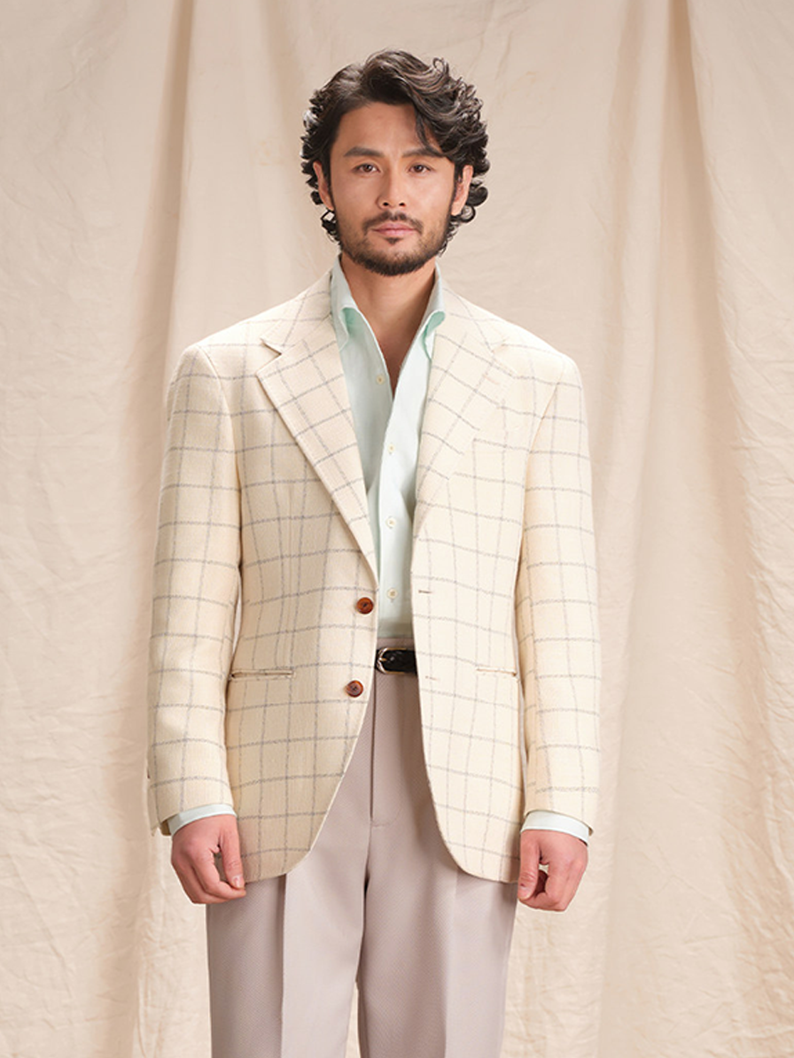 Blazer single breasted, desestruturado com lapela notched, lã mista - Off White Windowpane - CULTUM