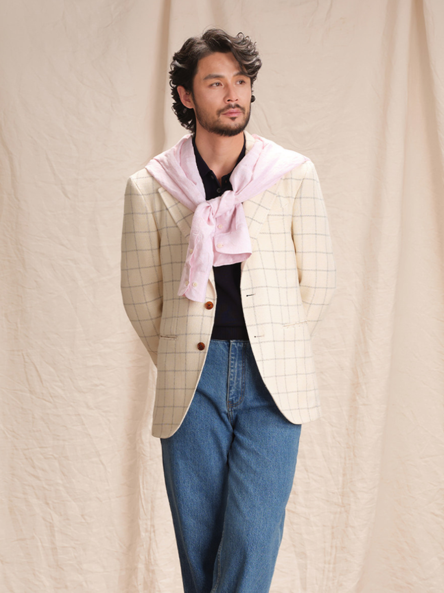 Blazer single breasted, desestruturado com lapela notched, lã mista - Off White Windowpane - CULTUM